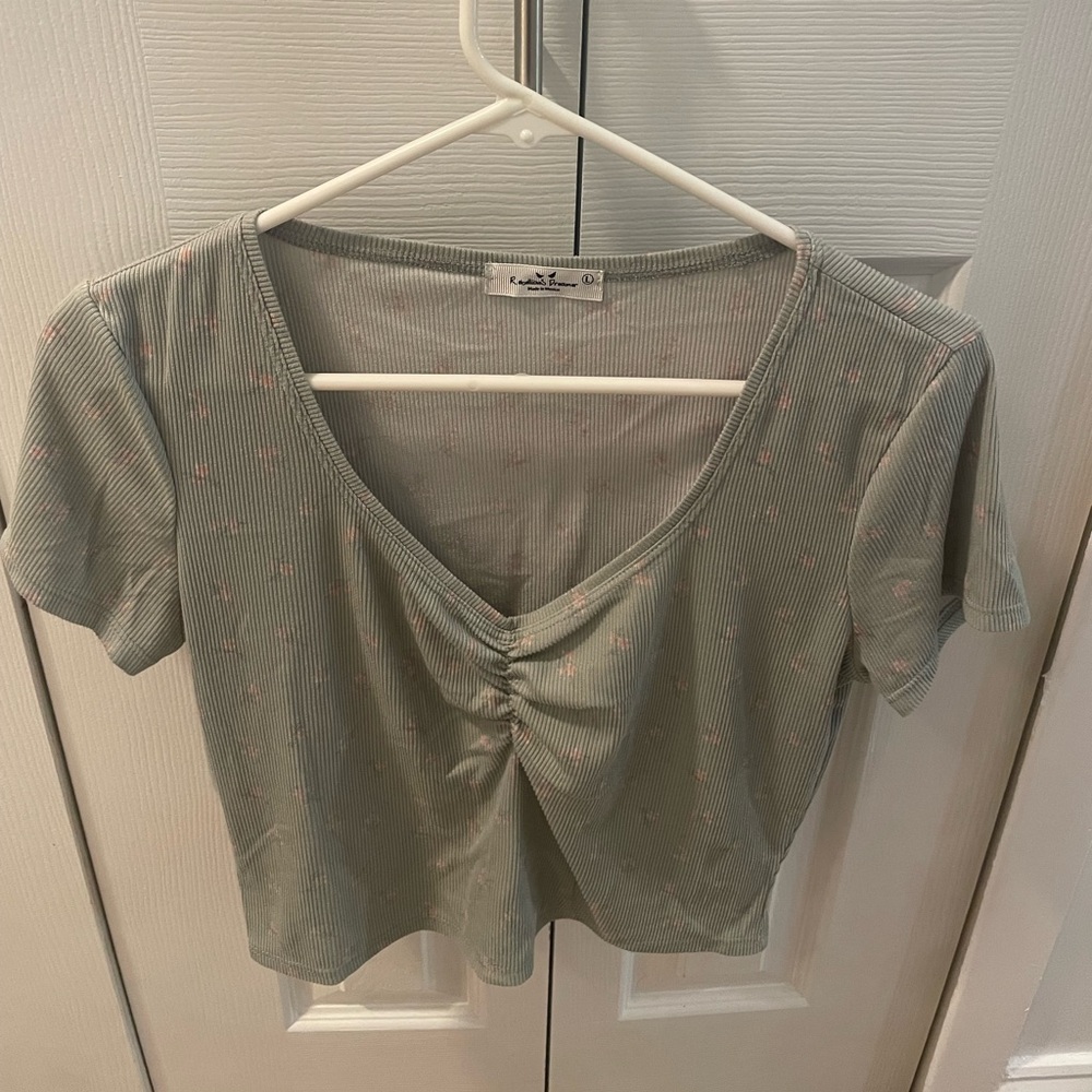 Green Ruched V-Neck Top
